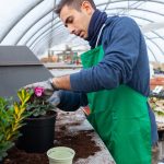 A man in an apron is working on plants.